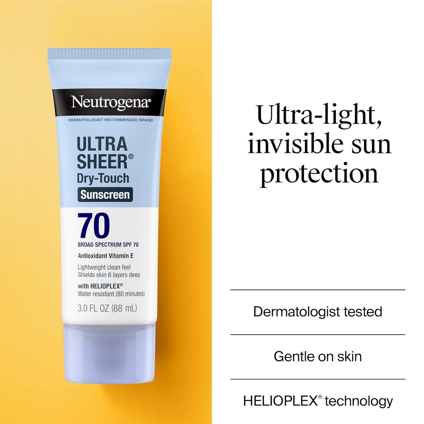 Ultra Sheer Dry-Touch Water Resistant and Non-Greasy Sunscreen Lotion with Broad Spectrum SPF 70, 3 Fl Oz (Pack of 1)