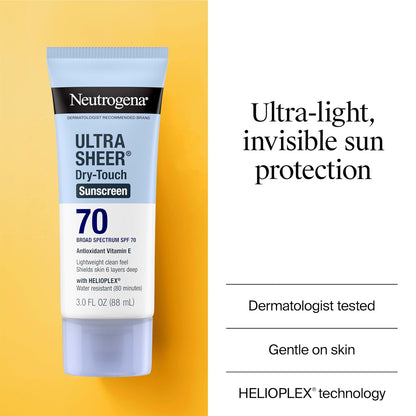 Ultra Sheer Dry-Touch Water Resistant and Non-Greasy Sunscreen Lotion with Broad Spectrum SPF 70, 3 Fl Oz (Pack of 1)